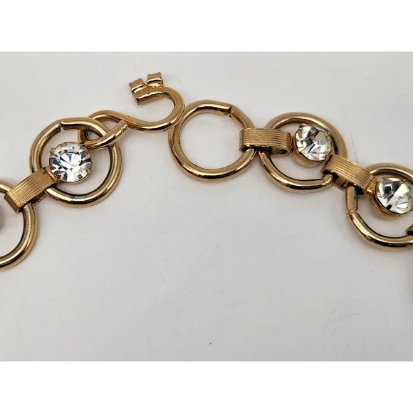 Vintage Statement Gold Circle Link Rhinestone Bib Festoon Collar Necklace